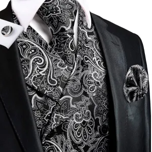 Black White Paisley Jacquard Silk Men's Vest Hanky Cufflinks Tie Set