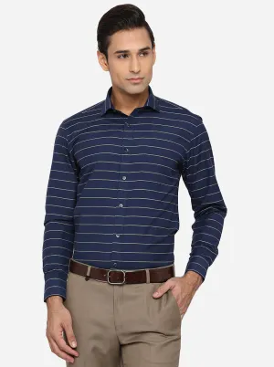 Navy Blue & Grey Striped Slim Fit Formal Shirt | Greenfibre